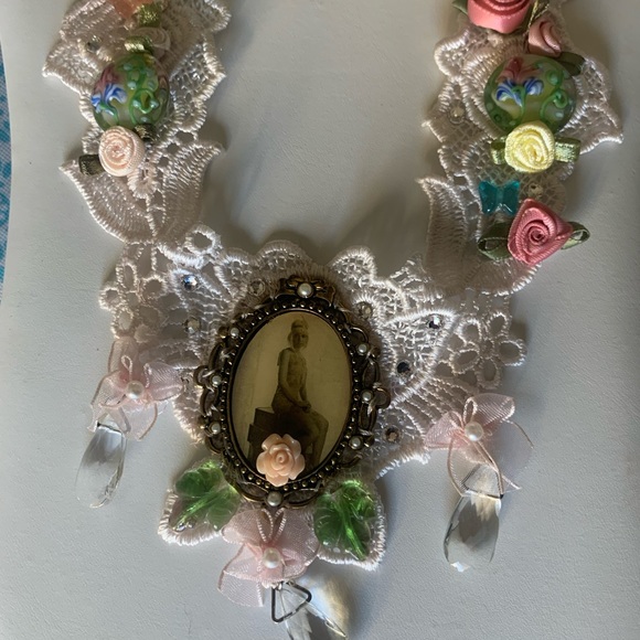 Bib Necklace flapper image glass hand sewn glass beads satin ribbon flowers - Picture 8 of 17